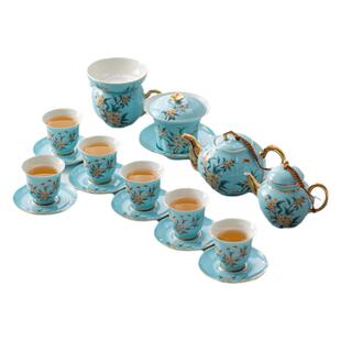 松石绿描金桂花盖碗茶壶茶杯套装整套家用功夫茶具轻奢礼盒装送礼