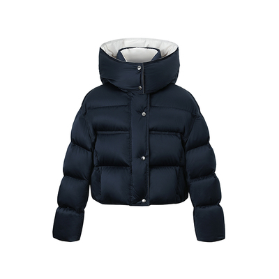 SUK 冬日简讯! 设计感撞色廓形90白鹅绒短款保暖连帽羽绒服新款女