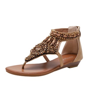 民族风夹趾凉鞋女2026夏季新款波西米亚水钻串珠复古罗马度假女鞋