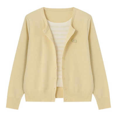 Basic House/百家好假两件针织开衫女条纹拼接温柔风显瘦长袖上衣