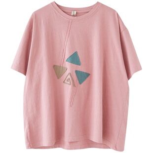 小菲家~大码胖MM宽松短袖女上衣夏季2024新款休闲百搭撞色贴布T恤