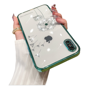 适用苹果x手机壳女新款iphonexsmax透明硅胶软壳水钻蒲公英花xr镜头全包防摔xs高级感女神款xsmax网红手机套