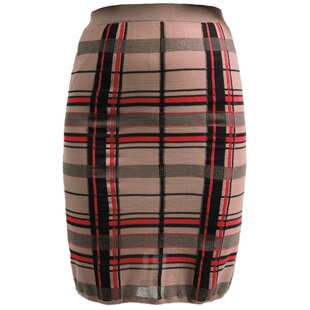OBEG欧碧倩装年女撞色格纹裙子修身针织半身裙10401095