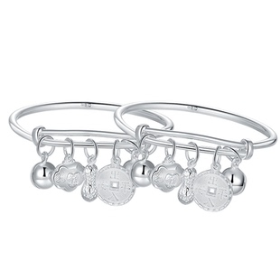 香港正生足银s999五宝钱币花生如意锁铃铛宝宝银手镯满月礼亲子款