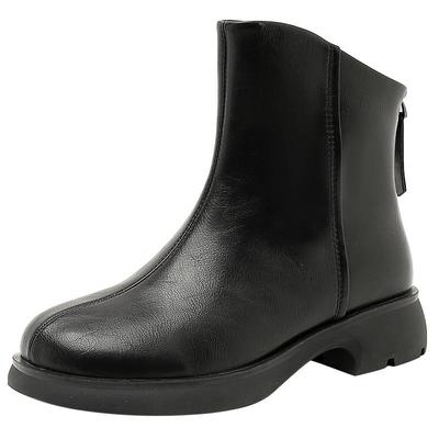 大东简约圆头车缝线粗跟短靴