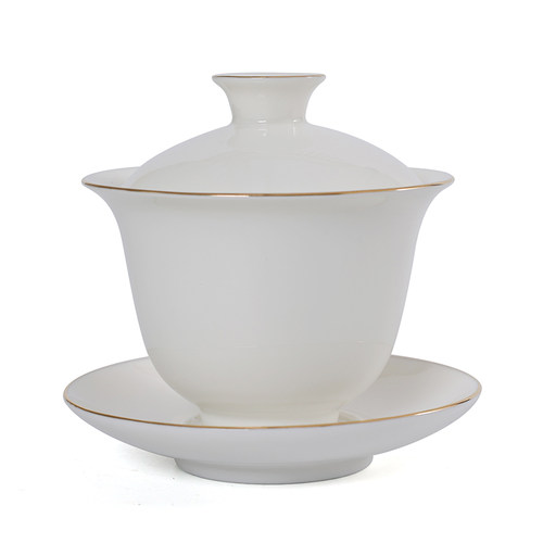 羊脂玉描金盖碗茶杯德化白瓷茶碗大容量带盖单个功夫茶具三才盖碗