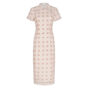 固执夏季新款中式蕾丝刺绣短袖中长款旗袍连衣裙80542QP09149