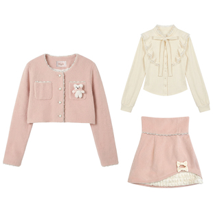 织物猪 芝芝桃桃 甜美小香风夹棉外套女秋冬粉色毛呢长袖棉服上衣