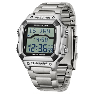 三达男表电子表时尚腕表夏令时多功能书签商务钢带指南针男士手表