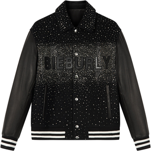 BM高端系列 纯羊毛外套男烫钻拼接真皮夹克男款棒球服翻领潮牌秋