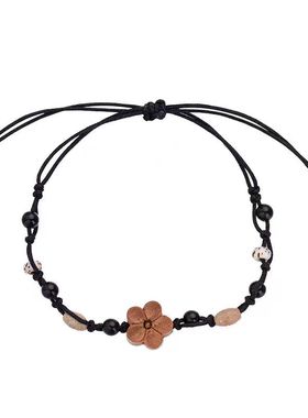 新中式复古木雕刻小桃花手链女桃木编织手绳小众设计百搭国潮