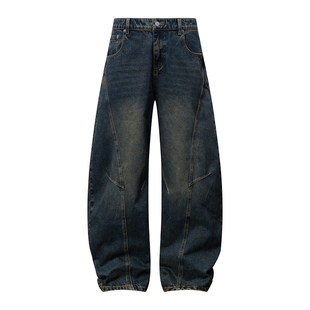 美式复古弯刀裤复古牛仔裤高腰宽松做旧牛仔阔腿裤休闲裤男女可穿