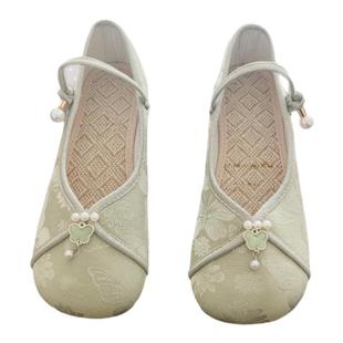 新款春夏素雅低跟老北京布鞋女单鞋汉服鞋舞蹈鞋暗花粗跟配旗袍鞋