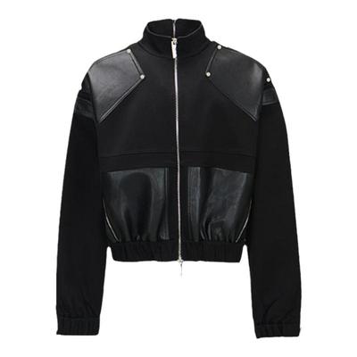 455EMBLE 皮革拼接短夹克立领拉链露肩时尚短外套男女同款外套