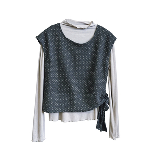 韩系圆领针织磨毛波点马甲背心叠穿半高领长袖T恤女秋两件套上衣