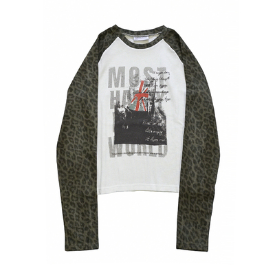 POH鹰旗挑染插肩豹纹华夫格长袖