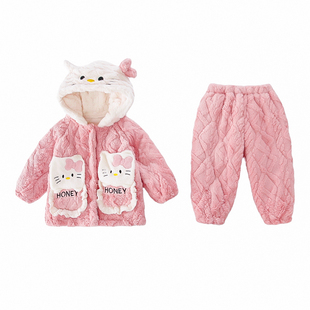 女童加绒加厚家居服套装2025新款冬季宝宝卡通猫咪外穿睡衣两件套