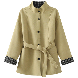 慕兔韩系拼接格纹毛呢大衣女2025冬季新款系带收腰中长款呢子外套