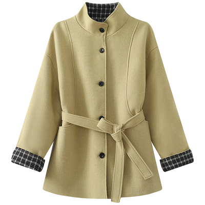慕兔韩系拼接格纹毛呢大衣
