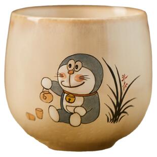 景德镇 纯手绘机器猫功夫茶杯 窑变复古创意大号陶瓷主人杯配礼盒