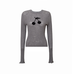 TOP家 时髦M1U风 法式复古格雷系樱桃棉麻圆领长袖坑条纹针织衫