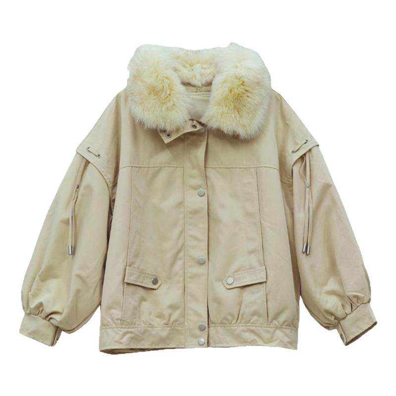 大毛领工装抽绳加绒短款派克服女