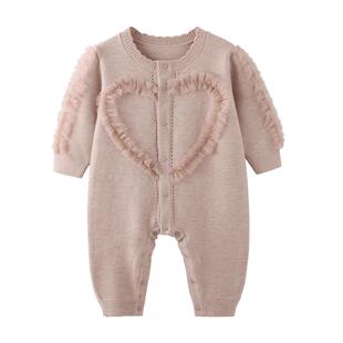 云谷花廊modomoma婴幼儿棉线连体衣女宝宝爱心绵羊毛针织毛衣爬服