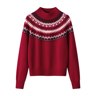 超重磅353g<格林书屋>复古费尔岛加厚半高领红色毛衣纯羊毛内搭