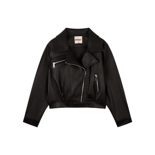 Amybaby女童外套春季2025新款酷飒复古翻领修身显瘦短款机车皮衣