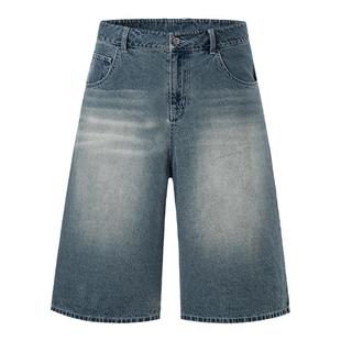 PSO Brand 男装女装喷马骝做旧水洗美式牛仔裤男款直筒宽松七分裤