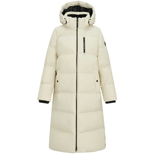 Hazzys哈吉斯乳白色长款连帽羽绒服女装冬季运动保暖休闲鸭绒外套
