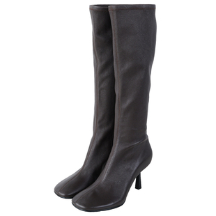 IORE理想矿石设计师原创 利落棕色弹力小羊皮细跟高跟及膝靴长靴