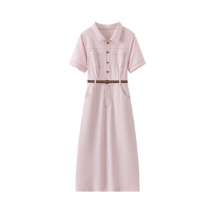 百家好2026夏季新款粉色温柔收腰连衣裙女气质短袖长裙显瘦通勤