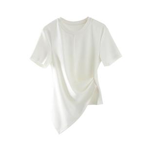 法式白色不规则短袖T恤女2026年夏季新款设计感收腰铜氨丝上衣