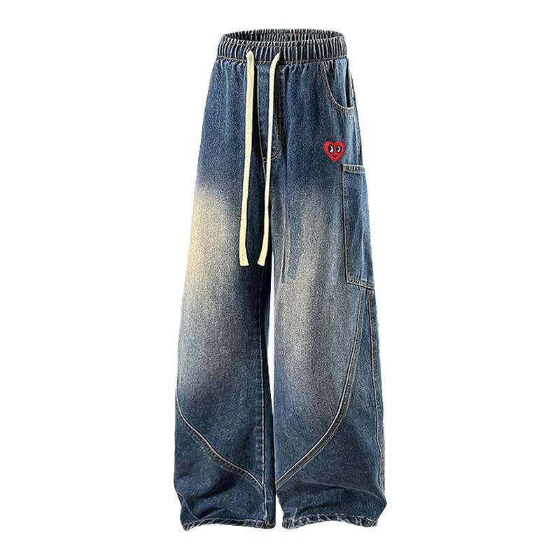 查尔斯桃心 牛仔裤男复古设计弯刀微喇阔腿直筒潮牌痞帅休闲长裤