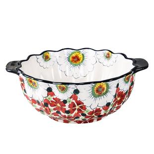 芬兰陶瓷花边碗家用双耳面条汤碗大号创意个性吃饭碗盘子高档餐具