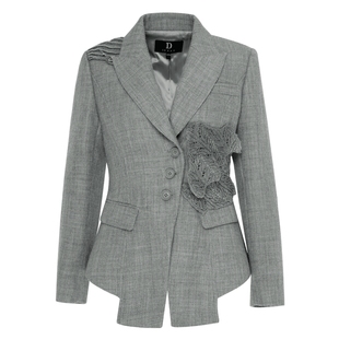 IDPAN极简西装冬季新款简约干练不对称设计拼接绣花西装领短外套