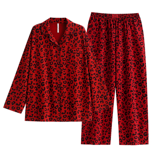 悦内睡衣女士春秋季秋款纯棉长袖家居服本命年红色豹纹套装可外穿