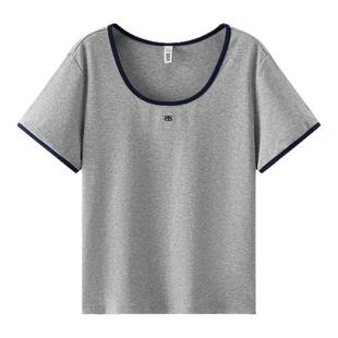 凉感T|商场同款森马短袖T恤女夏撞色U领正肩修身刺绣2026款上衣M