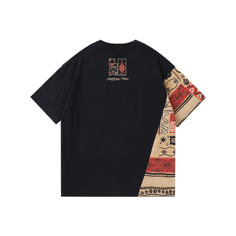 LAMLICKA拼接民族风印花圆领短袖男夏季休闲纯棉潮牌复古宽松t恤