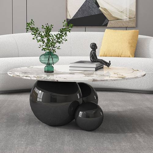 球形茶几亮光岩板异型轻奢不锈钢镀金三颗球组合时尚简约个性茶几