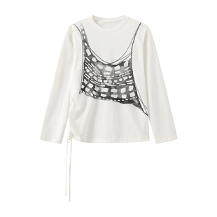 JfYanYan FlowingCube秋季女款上衣慵懒风印花白t恤长袖轻薄罩衫