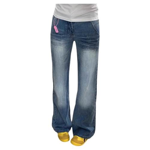 美式复古辣妹低腰微喇直筒牛仔裤女小个子大码百搭阔腿垂感拖地裤