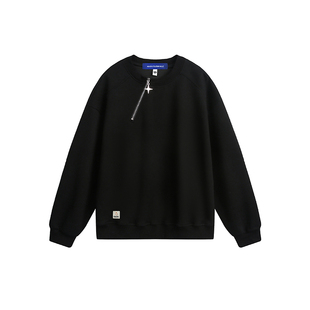 ALLIN 黑色重磅卫衣男春秋季金属侧半拉链落肩袖宽松上衣情侣外套