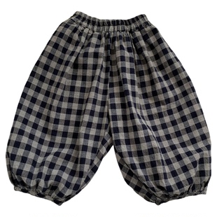 淘气小妞男童裤子夏薄款2026新款儿童女童宝宝防蚊裤格子灯笼裤潮