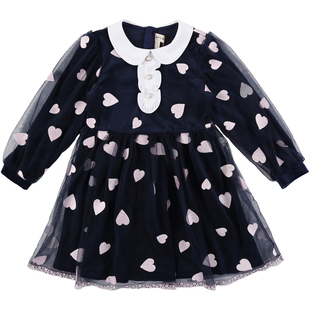 IVY HOUSE常春藤儿童装女童秋季新款 针织网纱长袖连衣裙甜美爱心