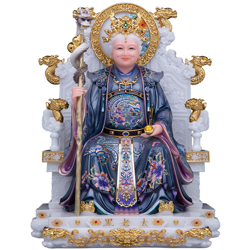 汉白玉黑老太神像供奉摆件