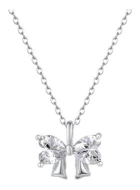 S999纯银爱心锆石蝴蝶结吊坠项链女时尚小众清新百搭锁骨链送闺蜜
