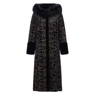 马天奴女装冬季新款黑色印花狐狸毛领连帽长款大衣外套轻奢保暖