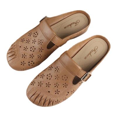 女夏季外穿拖鞋平底休闲包头半拖鞋时尚镂空纯色一字带扣凉鞋